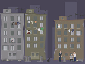 贫民窟里的衣服挂在晾衣绳和愤怒的人。贫民窟