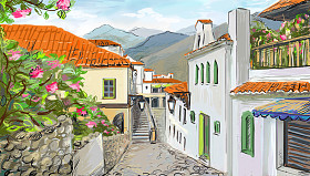 绘制到希腊小镇图片