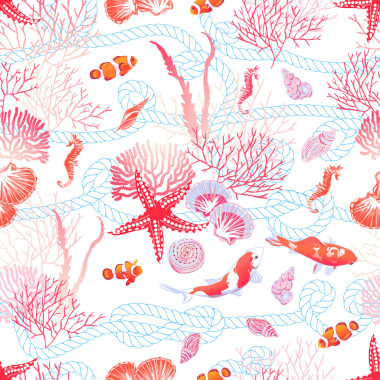 海底世界與魚、 紅星、 貝殼、 海馬、 藻類