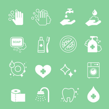 衛(wèi)生和清潔圖標(biāo)設(shè)置。手洗、 肥皂、 衛(wèi)生紙、 牙膏