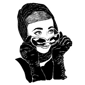 美丽的复古女人、 肖像。复制空间。在与太阳的黑色小礼服的眼镜和手套