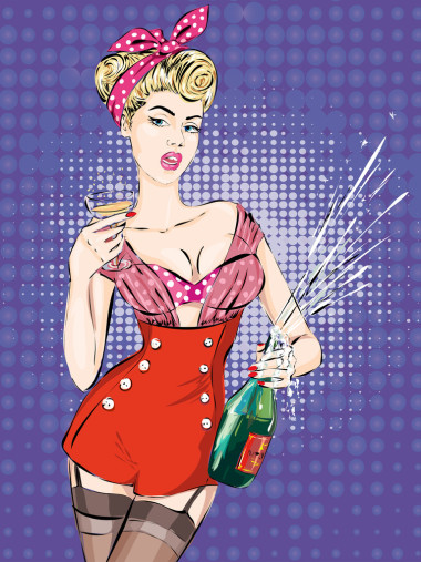 戴面具的圣誕女孩瓶香檳