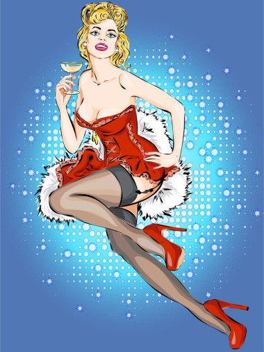 戴面具的圣诞女孩与杯香槟