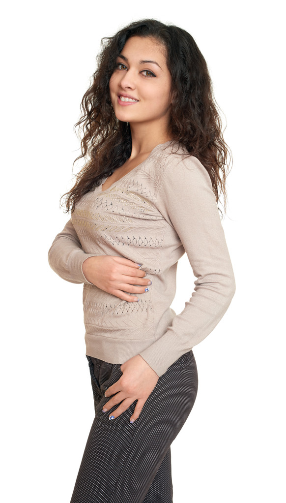 美丽的年轻女子肖像长卷曲的黑发上白 美丽的年轻女子肖像长卷曲的黑发上白