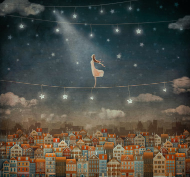 可愛(ài)的房子和漂亮的女孩，在夜空中的例