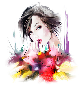 美丽的女人，有花
