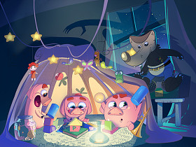 三只小猪在玩帐篷