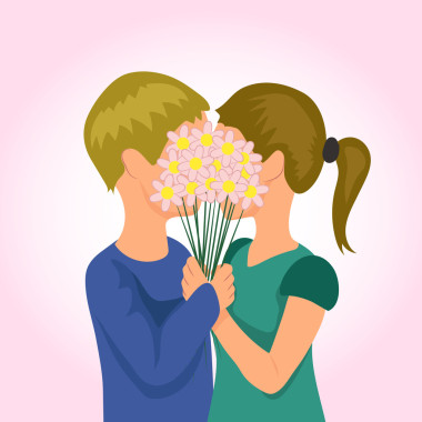 情人節(jié)那天。對年輕的夫婦擁抱和親吻背后一束鮮花