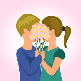 情人节那天。对年轻的夫妇拥抱和亲吻背后一束鲜花