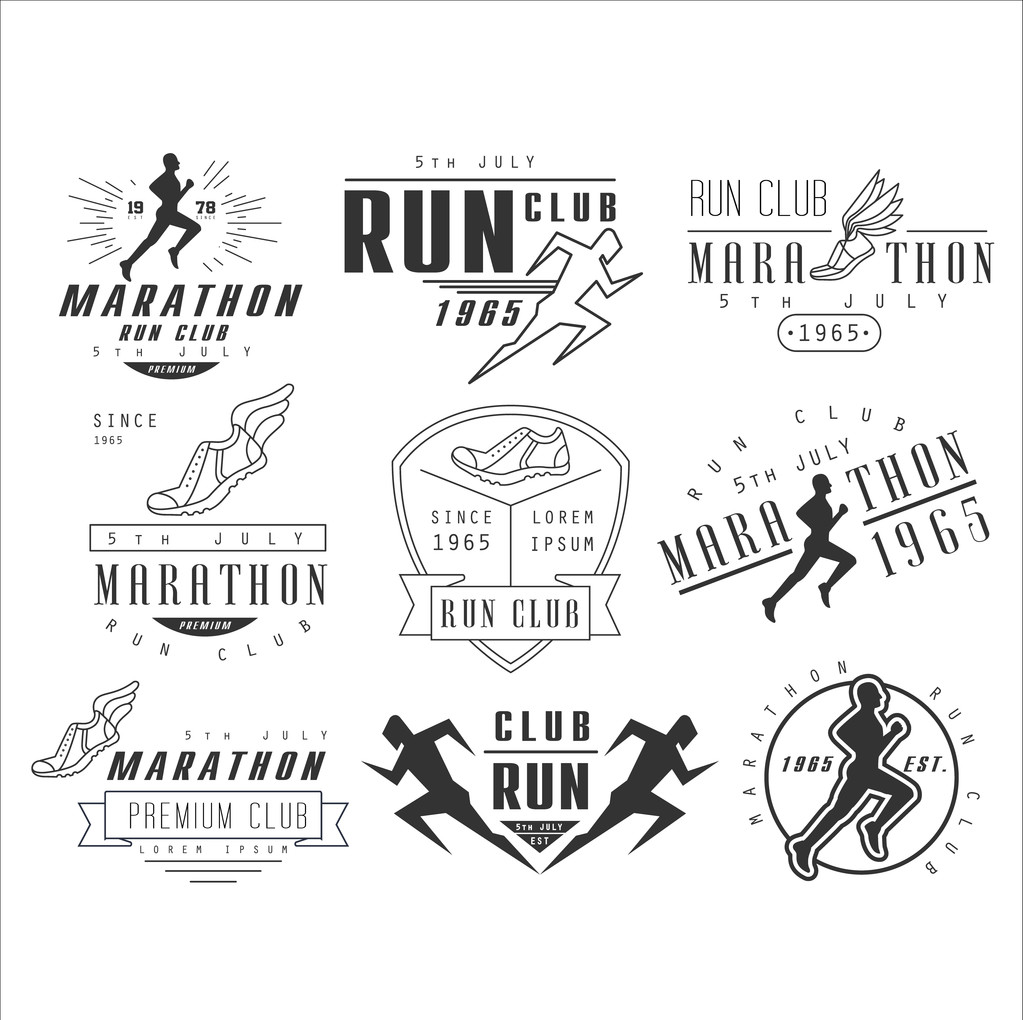 跑步俱乐部标签、 标志和设计元素矢量