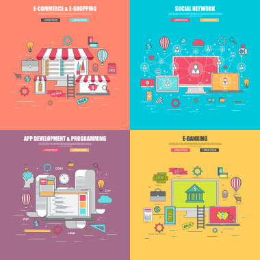 組的社交網(wǎng)絡(luò)，互聯(lián)網(wǎng)媒體服務(wù)電子商務(wù) 4 細(xì)線平面設(shè)計概念