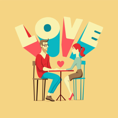 情人節(jié)賀卡。與戀愛(ài)中的情侶的浪漫場(chǎng)景。年輕的男人和女人在桌上。矢量圖