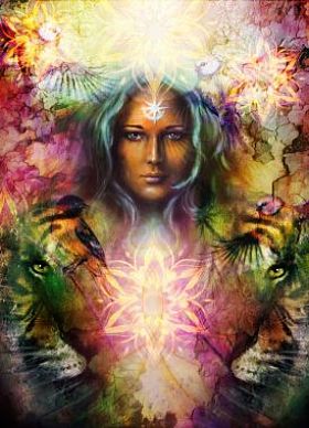 画威武的虎头和神秘的女人与鸟点缀背景电脑拼贴侧面人像眼睛公司