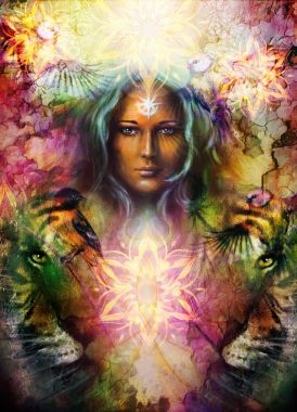 画威武的虎头和神秘的女人与鸟点缀背景电脑拼贴侧面人像眼睛公司
