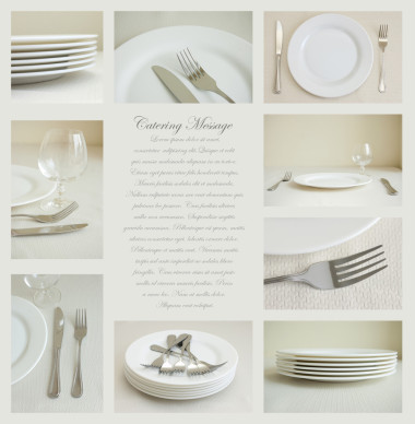 九图像与白色盘子和银制餐具的抽象拼贴画