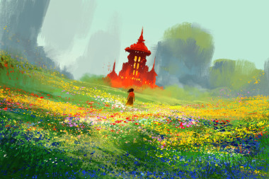 女人在花卉場旁邊紅色城堡和山