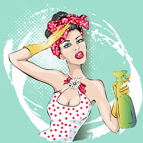 炙手可热的家庭主妇女人肖像与刮水器。家政、 性感的妻子