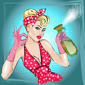 炙手可热的家庭主妇女人肖像与刮水器。家政、 性感的妻子