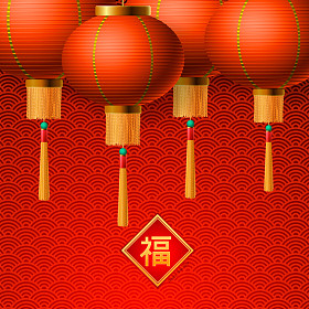 中国新年卡设计、 传统模式和红灯笼，矢量图。附加的图像翻译: 新年快乐
