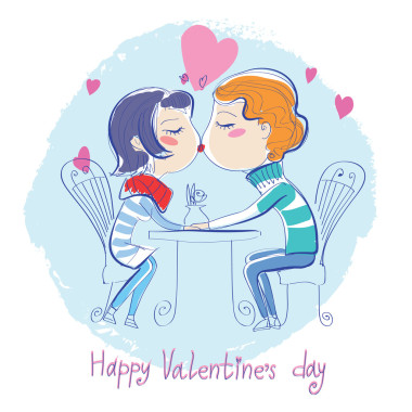 矢量图男孩和女孩接吻。爱卡。可爱的手绘贺卡为年轻人的。浪漫的情侣字符。布鲁内特时尚女孩和时髦男孩坐在咖啡馆