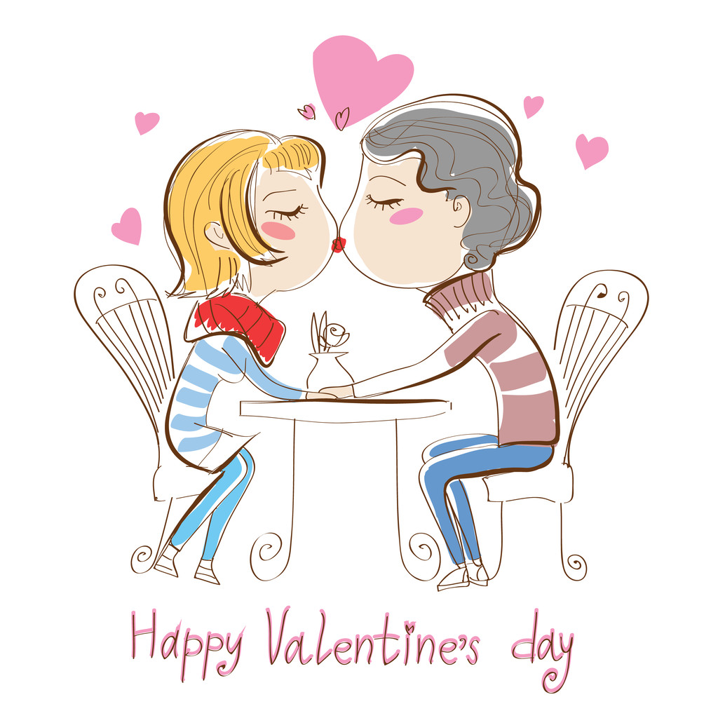 情人节贺卡-男孩和女孩在咖啡馆里接吻。爱卡。可爱的手绘贺卡为年轻人的。浪漫的情侣字符