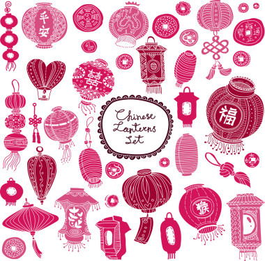 程式化的东方灯笼、 硬币和结的图像集
