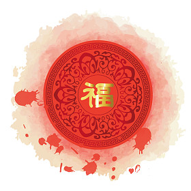 画水彩红金中国圆旗