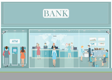 銀行建筑外墻和內(nèi)墻的柜臺(tái)桌.