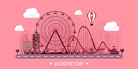 矢量插图情人节爱,2月14日公园摩天轮过山车