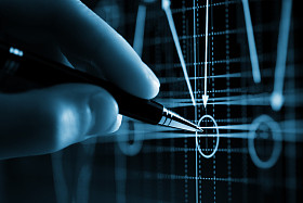 ? 哈特在计算机监视器上的，市场的登山，手和笔指针