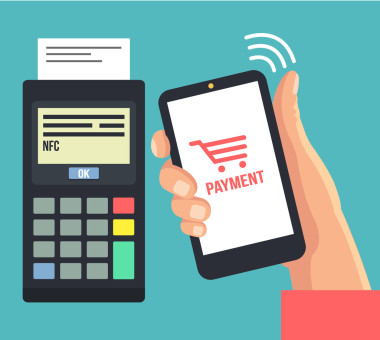 使用智能手机的移动支付。矢量平面插画