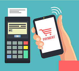 使用智能手机的移动支付。矢量平面插画