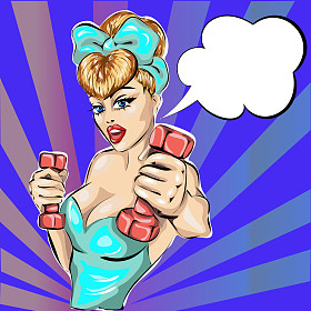 波普艺术，Pin 的健身女孩与哑铃和语音泡沫