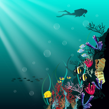 珊瑚礁與不同種類(lèi)的魚(yú)和潛水員在藍(lán)色的大海背景剪影