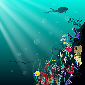 珊瑚礁与不同种类的鱼和潜水员在蓝色的大海背景剪影