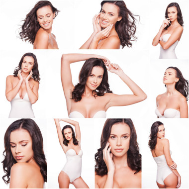 穿著睡衣的年輕女人。拼貼圖片