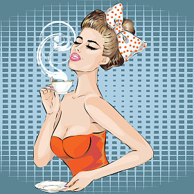 波普艺术女人肖像与早晨喝杯茶。戴面具的女孩