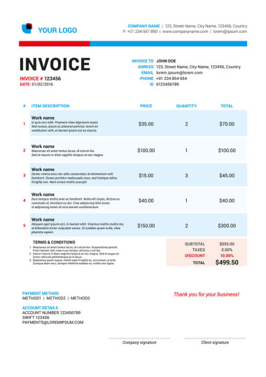 矢量發(fā)票表單模板設(shè)計(jì)。矢量圖。紅色和藍(lán)色的顏色主題