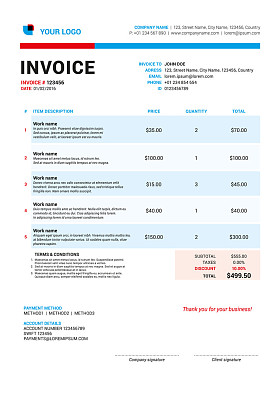 矢量发票表单模板设计。矢量图。红色和蓝色的颜色主题