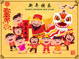 复古的中国新年海报设计和财富&中国生肖猴，中文文字含义:新年快乐，富裕和最好的繁荣