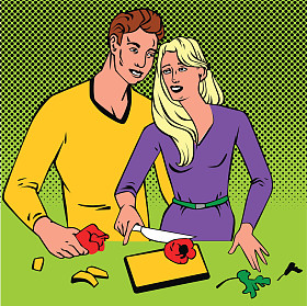 夫妇一起煮饭流行艺术漫画复古风格与色调