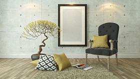 与灰色锦缎和黄色枕头背景黑色相框