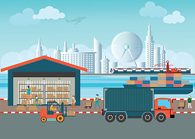 仓库工人负载箱和托盘