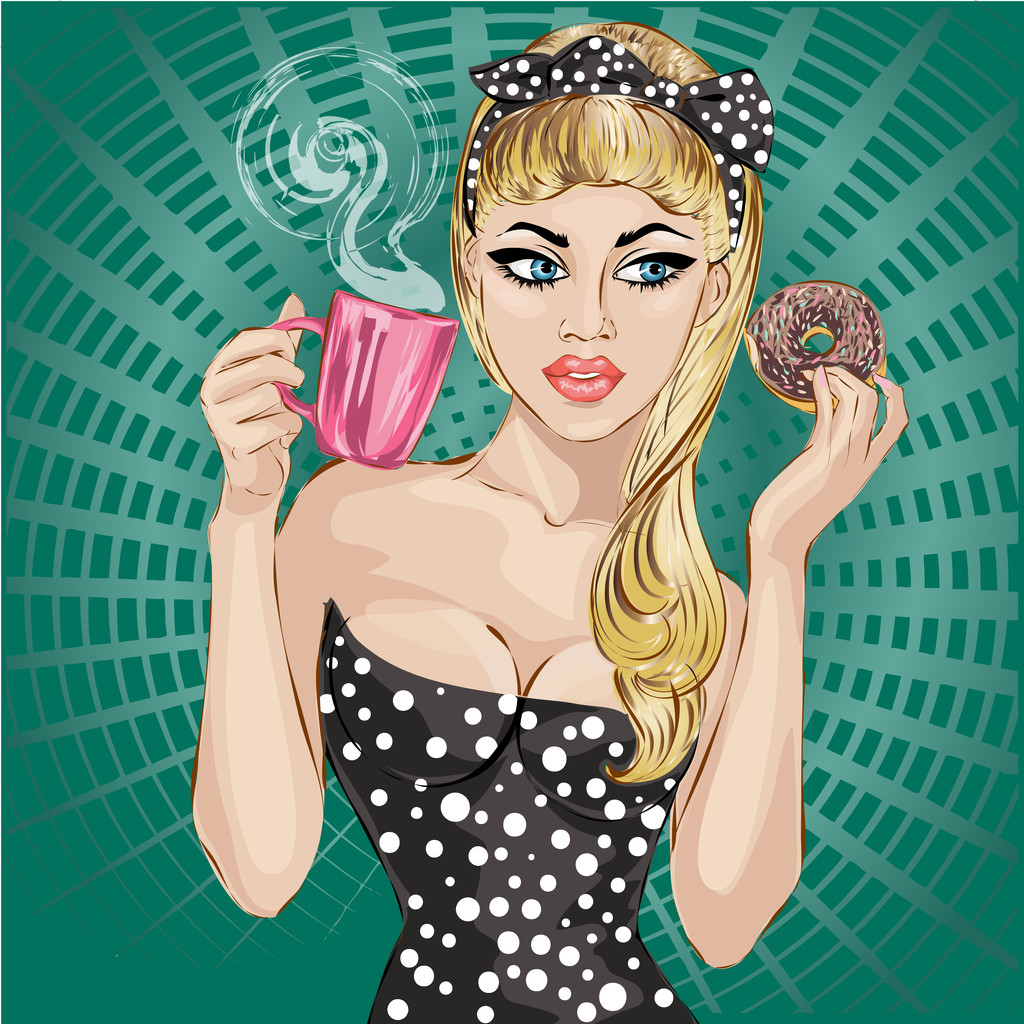 波普艺术女人肖像与早晨喝杯茶，甜甜圈