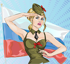 性感的女孩，穿着军服与俄罗斯国旗背景 