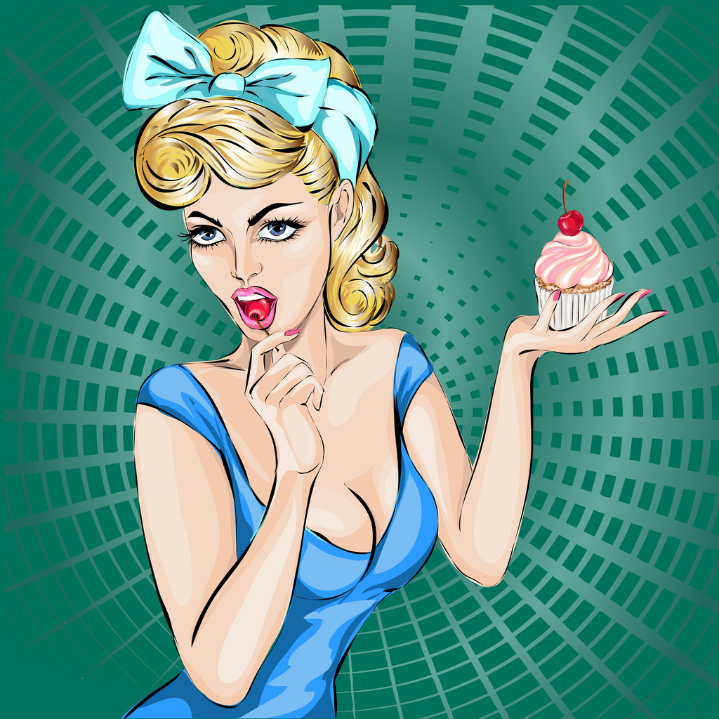 性感的波普艺术女人肖像与蛋糕