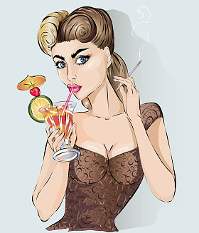 性感的波普艺术女人喝鸡尾酒和烟香烟