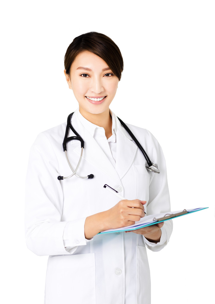 微笑着的年轻女医生白色孤立  微笑着的年轻女医生白色孤立