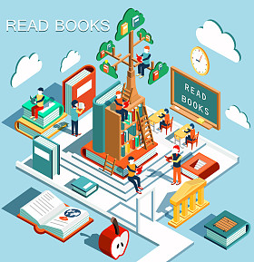 学习，读书在图书馆、 树的知识、 等距平面设计矢量的概念
