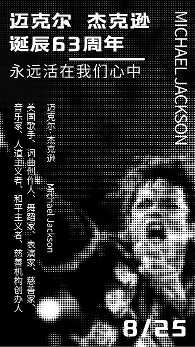 迈克尔杰克逊诞辰63周年黑色简约创意海报